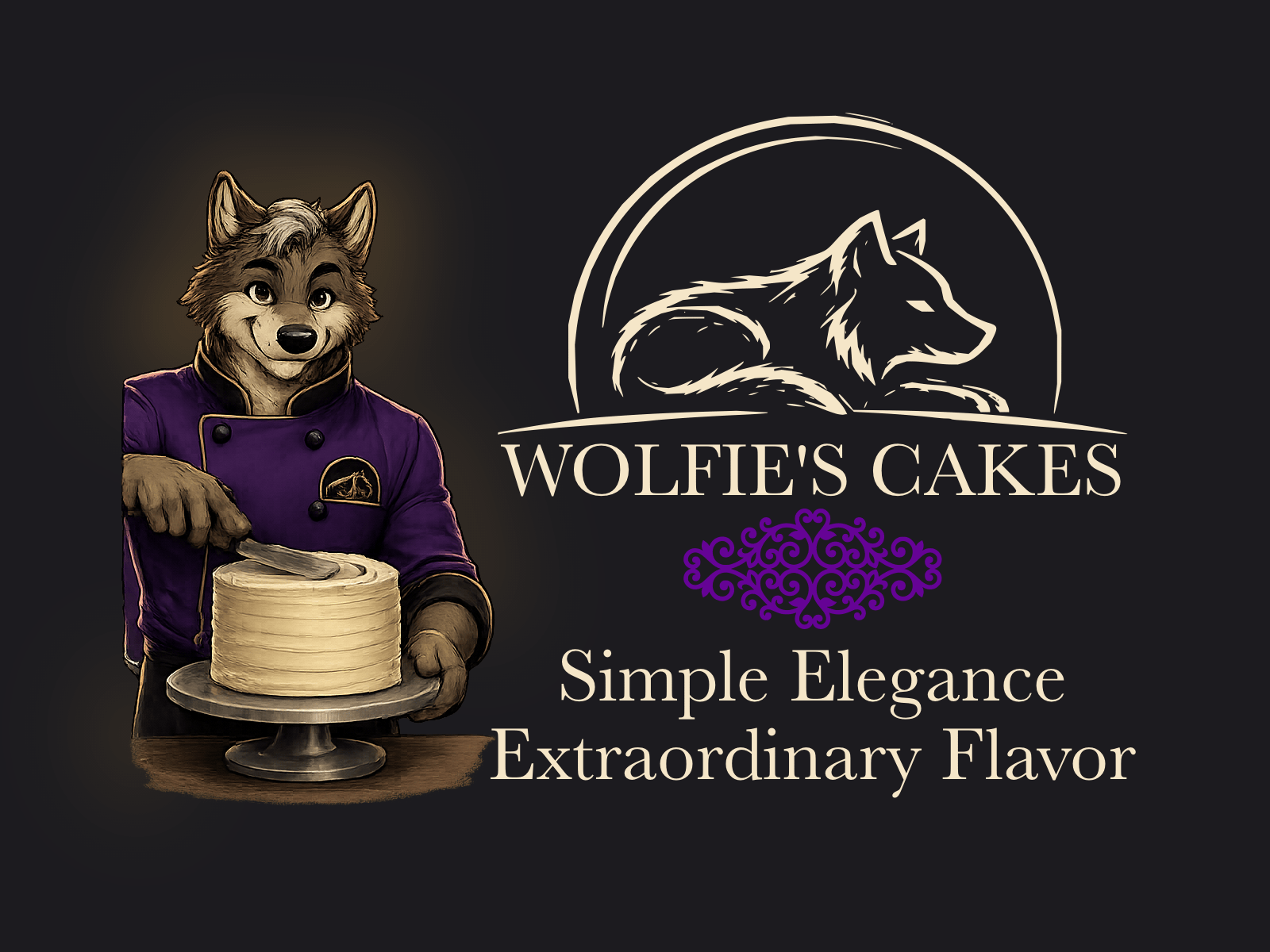 Rowan the wolf baker beside Wolfie’s Cakes branding: Simple Elegance, Extraordinary Flavor.