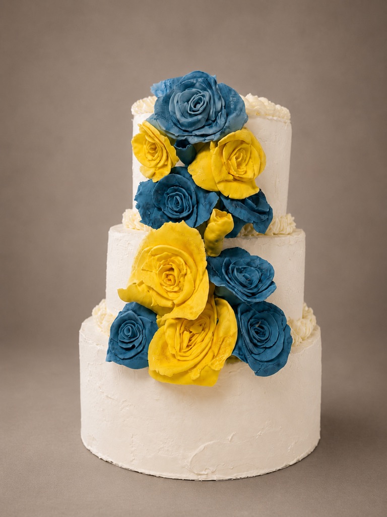 Three-tier white wedding cake with blue and yellow roses.