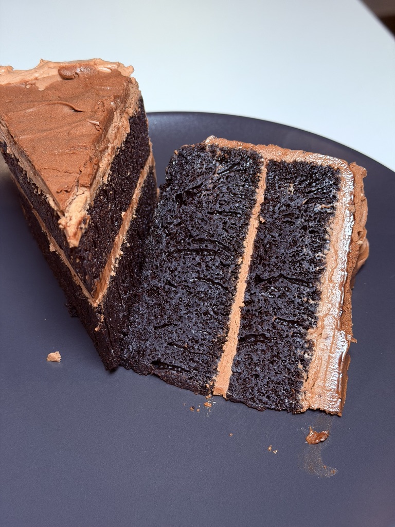 Chocolate Indulgence cake slices with chocolate buttercream.