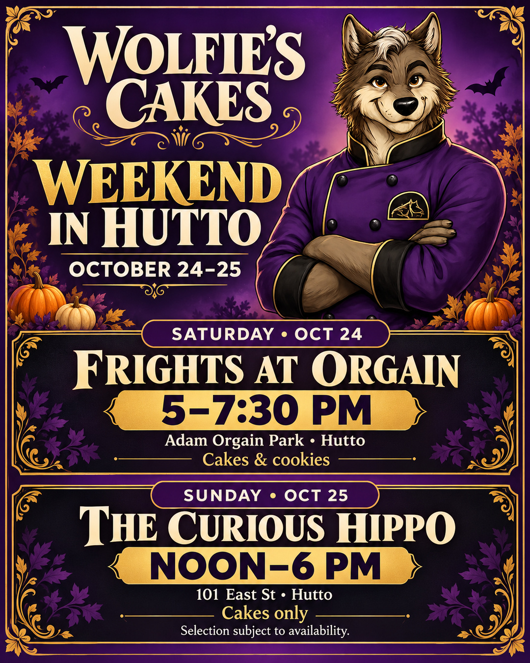 Wolfie’s Cakes Weekend in Hutto, October 24–25, featuring Rowan. Event details are listed alongside.